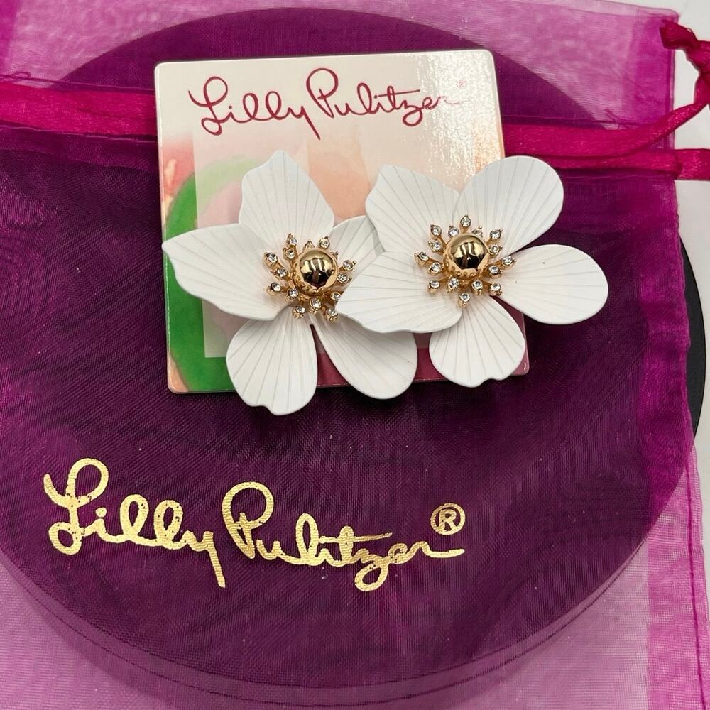 Lilly Pulitzer Oversized Pearl Resort White Orchid Metal Crystal Earrings‎ New